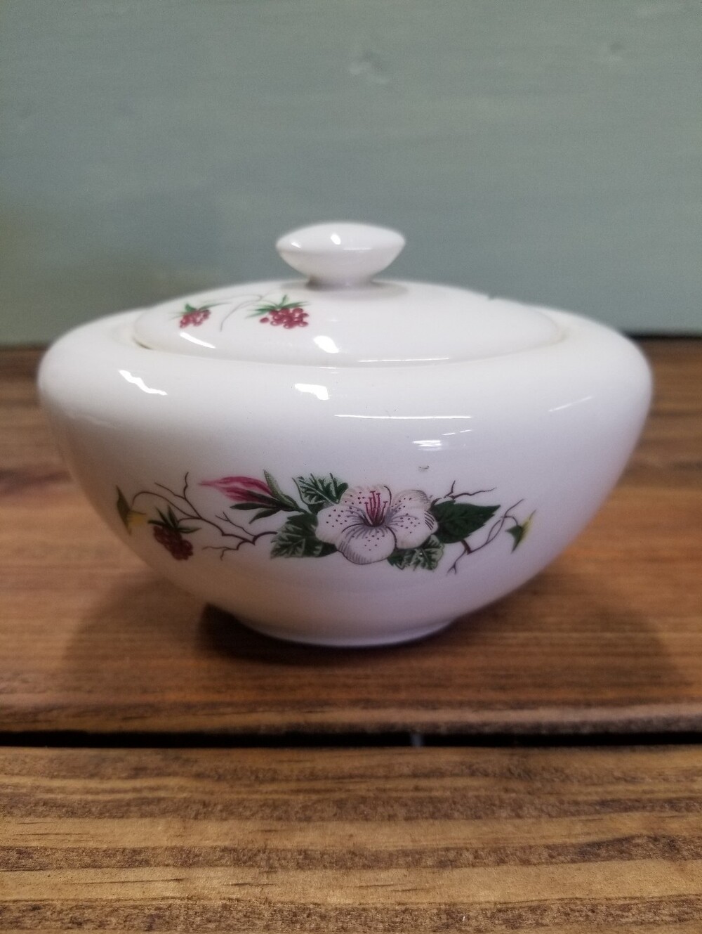 Knowles White Porcelain Sugar Bowl with Pink and Green Floral Design